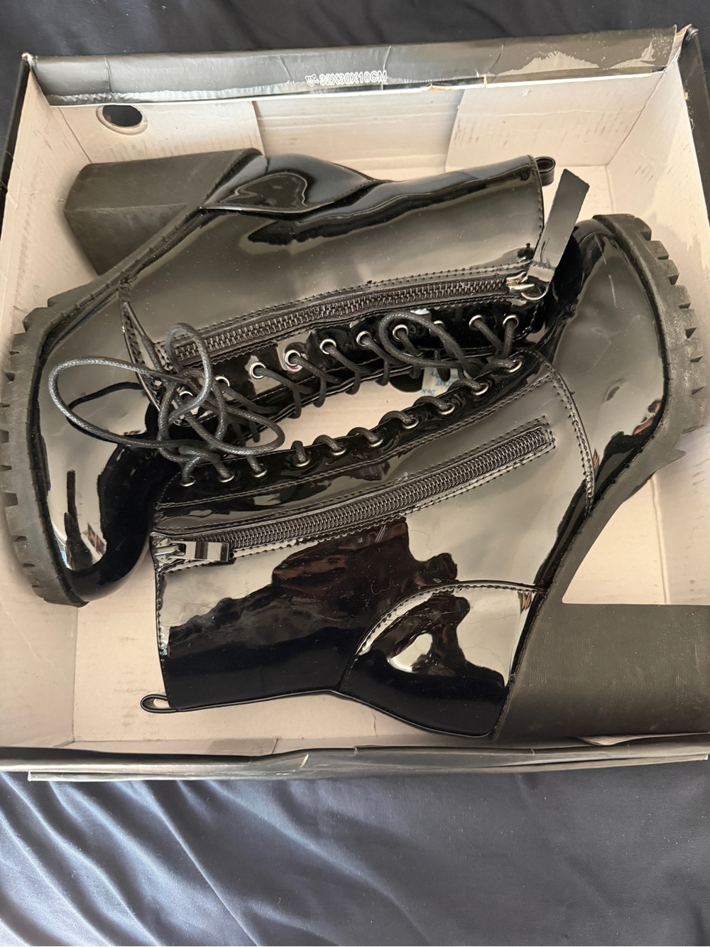 Fashion Nova Black Patent Lace-Up Platform Ankle Boots with Side Zipper